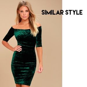 Boohoo green velvet bodycon dress off the shoulder